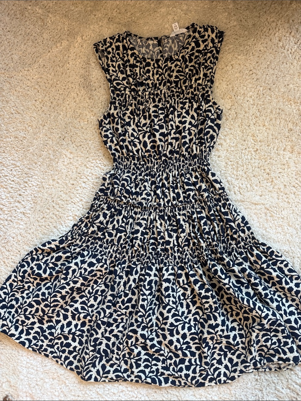 Time and Tru Navy and Cream Leaf-Print Tiered Midi Dress
